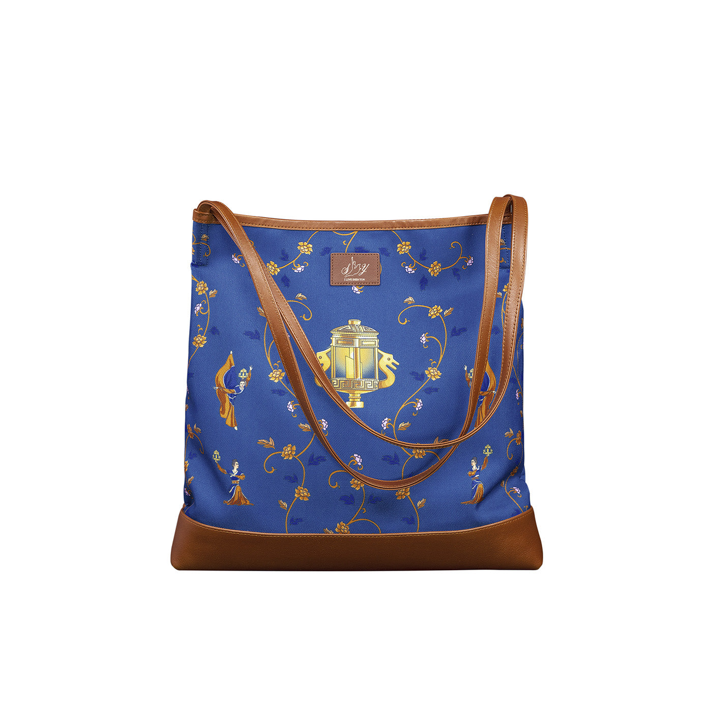 Lantern Grace Tote Bag with Leather Handle - Blue