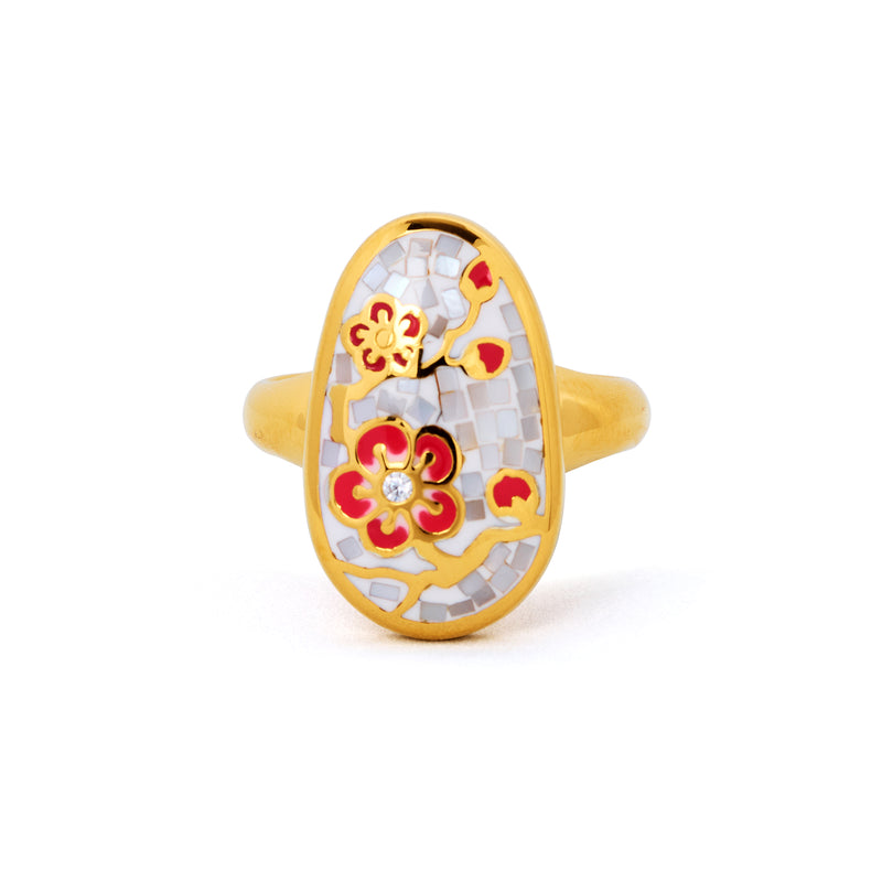 Plum Blossom Mosaic Mother of Pearl Ring Gold