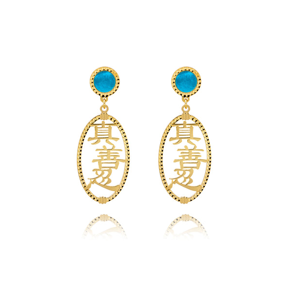 Zhen Shan Ren Words Earrings 14kt Yellow Gold with Blue Mother of Pearl - Shen Yun Collections