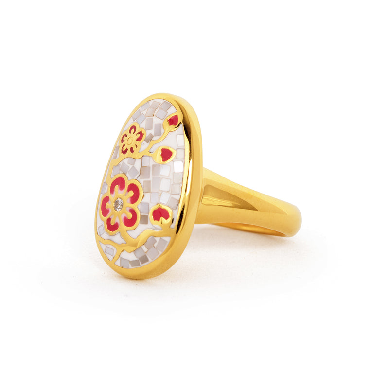 Plum Blossom Mosaic Mother of Pearl Ring Gold