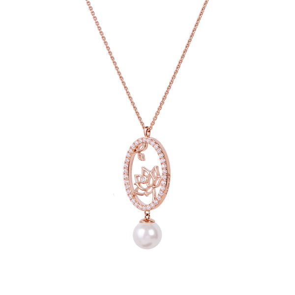 Lotus Fairies Oval Necklace Rose Gold Side View - Shen Yun Collections