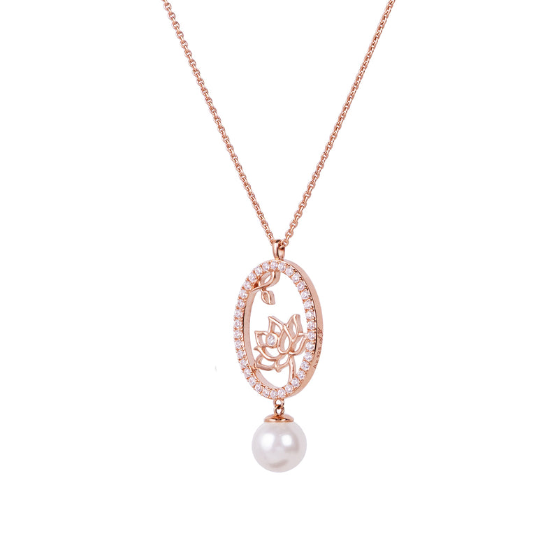 Lotus Fairies Oval Necklace Rose Gold Side View - Shen Yun Collections