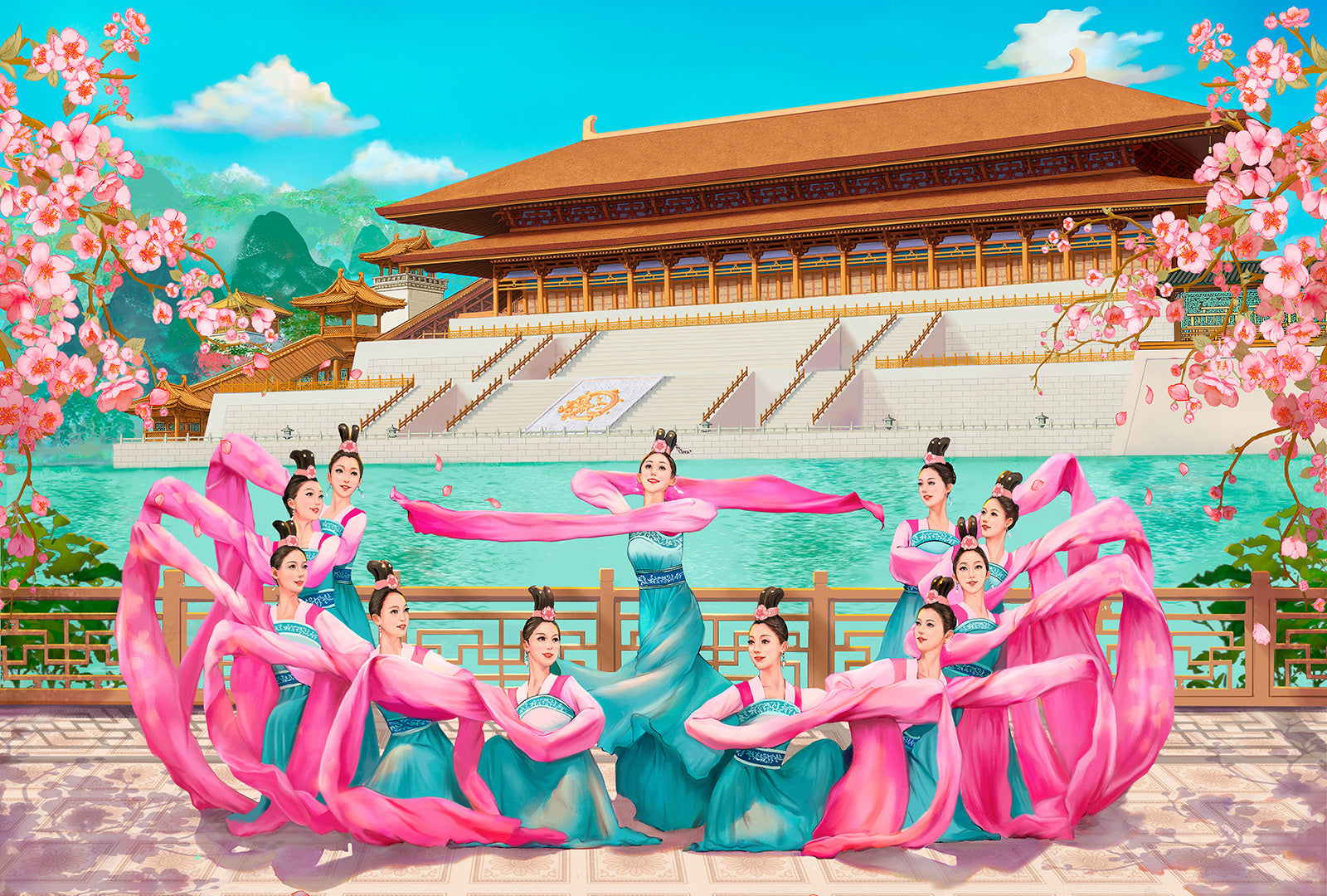 Sleeves of the Tang Palace Giclée Print Hand-Painted Original