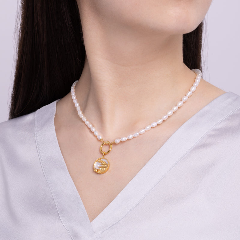 Pearl Charm Clasp Necklace Gold