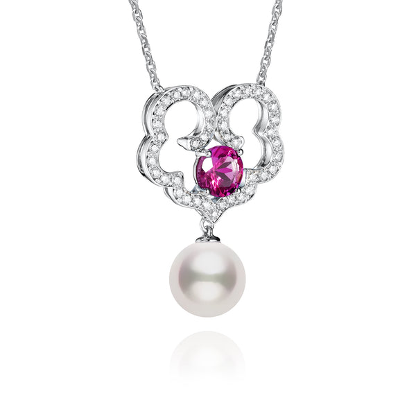 The Timeless Blessings Necklace 18kt White Gold with Rhodolite Garnet and Diamond Side | Shen Yun Collections