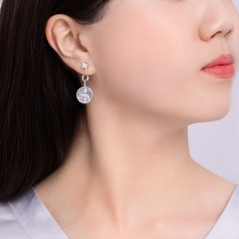 Ruyi Charm Hoop Earrings Silver with The Legendary Mulan Charm Model Image - Shen Yun Collections