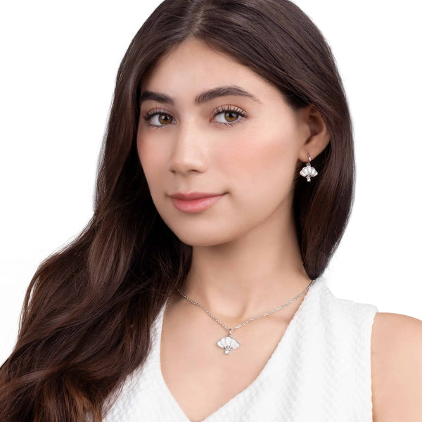 Floral Fan Necklace and Earrings Silver with White Mother of Pearl Modeling - Shen Yun Collections