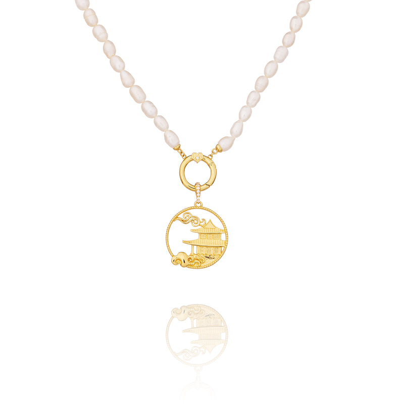 Pearl Charm Clasp Necklace Gold