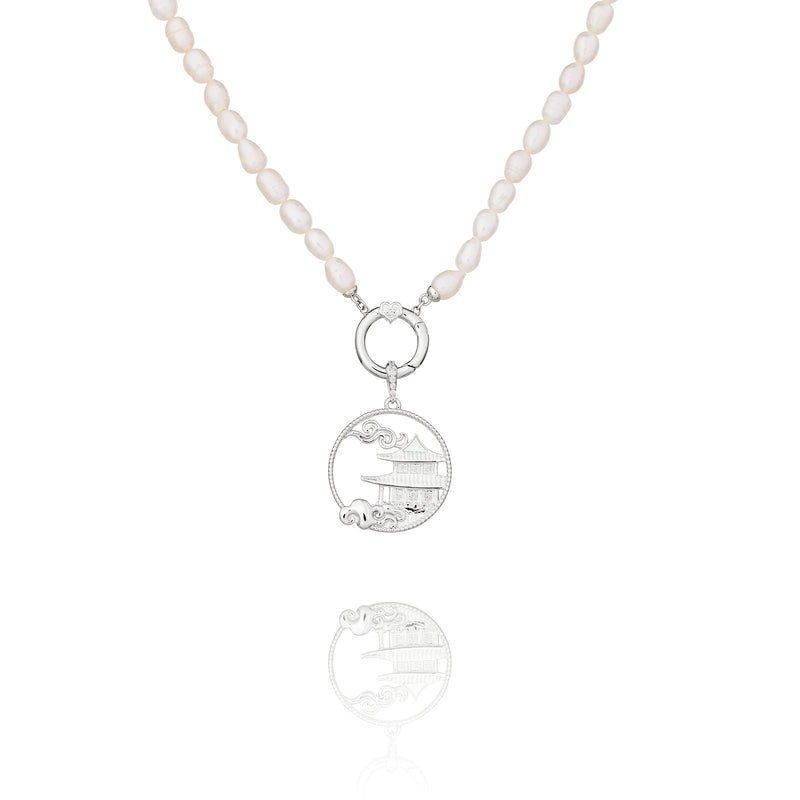 Pearl Charm Clasp Necklace Silver