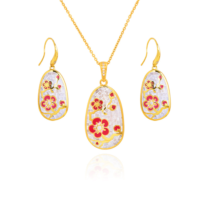 Plum Blossom Mosaic Mother of Pearl Necklace and Earring Set - Shen Yun Collections