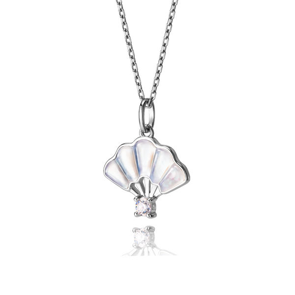 Floral Fan Necklace Silver with White Mother of Pearl