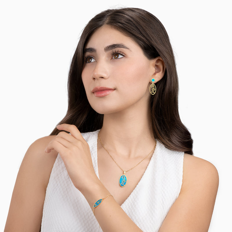 Zhen Shan Ren Words Pendant 14kt Yellow Gold with Blue Mother of Pearl Modeling - Shen Yun Collections