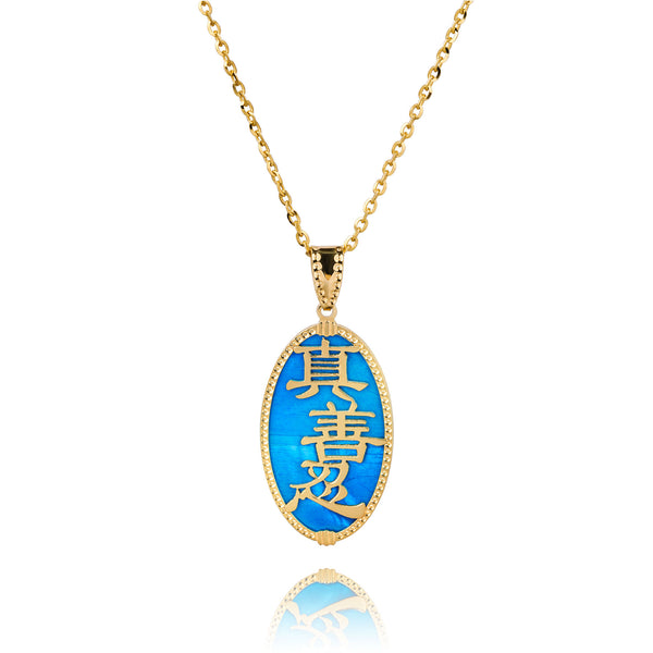 Zhen Shan Ren Words Pendant 14kt Yellow Gold with Blue Mother of Pearl - Shen Yun Collections