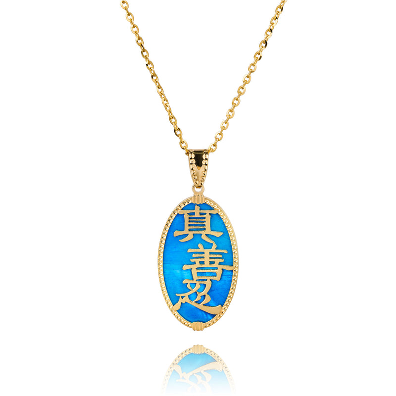 Zhen Shan Ren Words Pendant 14kt Yellow Gold with Blue Mother of Pearl - Shen Yun Collections