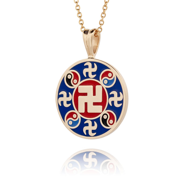 Falun Enamel Indigo Blue Pendant 10kt Yellow Gold 20mm Side - Shen Yun Collections