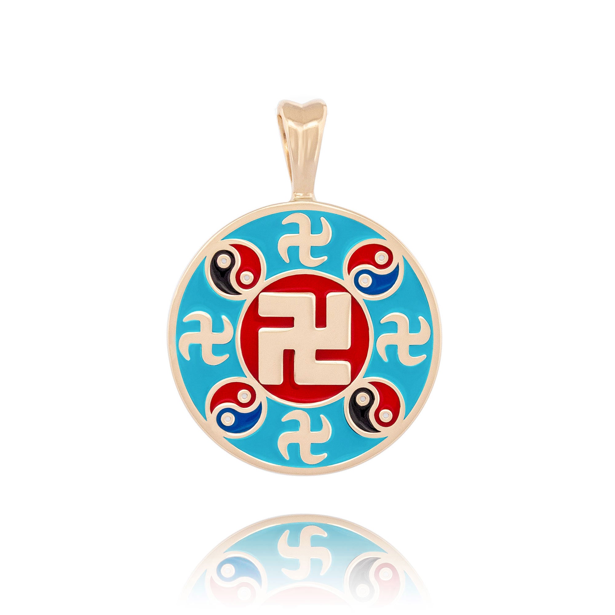 Falun Enamel Teal Pendant 10kt Yellow Gold Front View  | Shen Yun Collections 