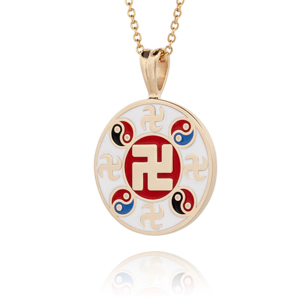 Falun Enamel White Pendant 10kt Yellow Gold 20mm Side - Shen Yun Collections