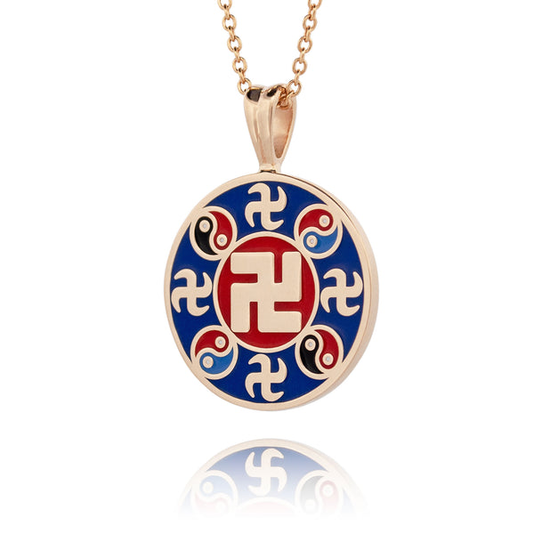 Falun Enamel Indigo Blue Pendant 18kt Yellow Gold 20mm Side - Shen Yun Collections