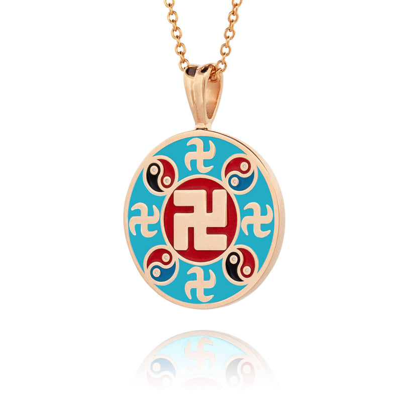 Falun Enamel Teal Pendant 18kt Yellow Gold Front View | Shen Yun Collections 