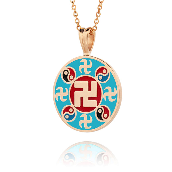 Falun Enamel Teal Pendant 18kt Yellow Gold Side View | Shen Yun Collections 