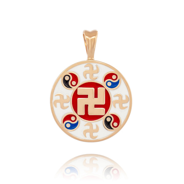 Falun Enamel White Pendant 18kt Yellow Gold 20mm Front - Shen Yun Collections