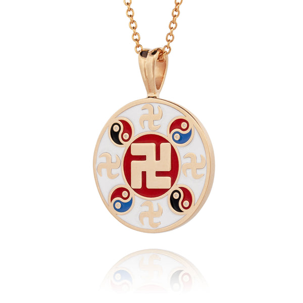 Falun Enamel White Pendant 18kt Yellow Gold 20mm Side - Shen Yun Collections