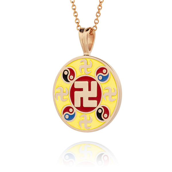 Falun Enamel Yellow Pendant 18kt Yellow Gold 20mm Side - Shen Yun Collections