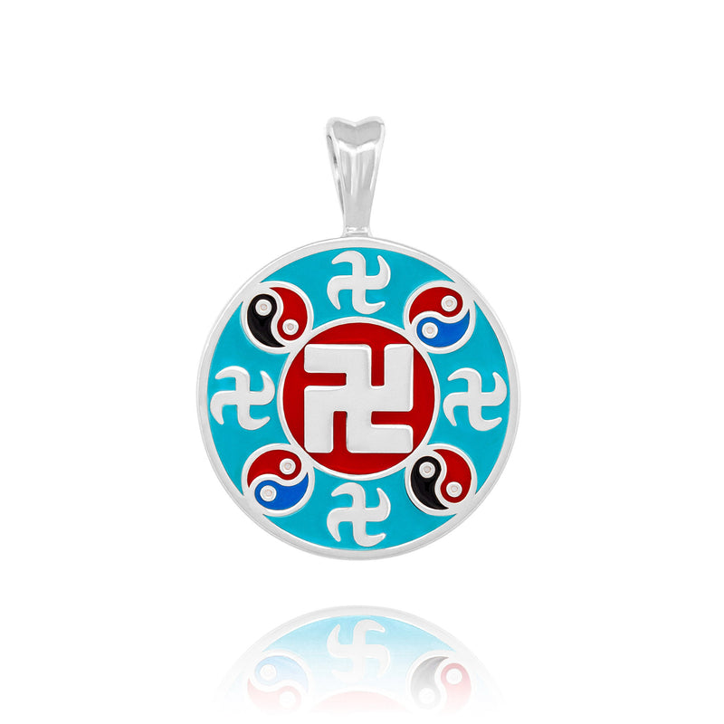 Falun Enamel Teal Pendant Silver Yellow Gold Front View | Shen Yun Collections 