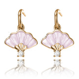 Floral Fan Dangle Earrings Gold with Pink Mother of Pearl Front View - Shen Yun Collections