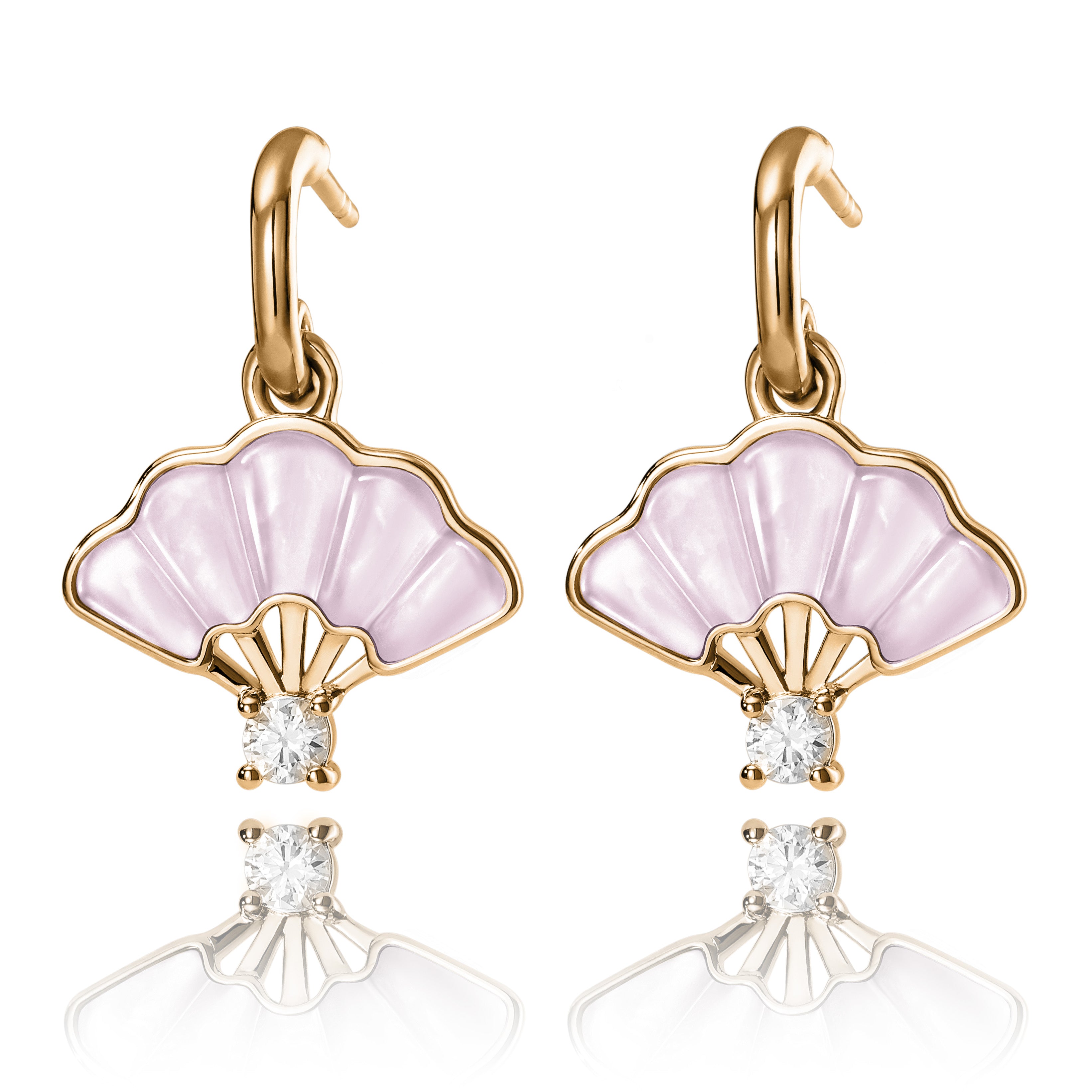 Floral Fan Dangle Earrings Gold with Pink Mother of Pearl Front View - Shen Yun Collections
