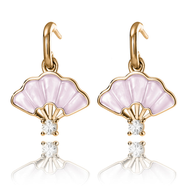 Floral Fan Dangle Earrings Gold with Pink Mother of Pearl Front View - Shen Yun Collections
