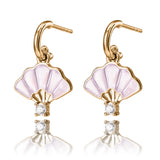 Floral Fan Dangle Earrings Gold with Pink Mother of Pearl Side View - Shen Yun Collections