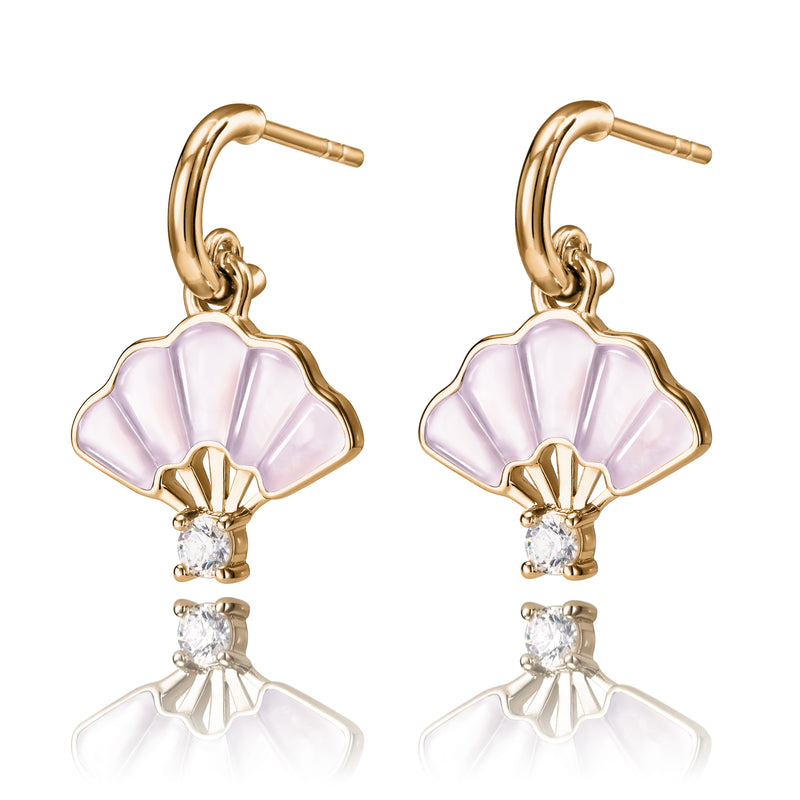 Floral Fan Dangle Earrings Gold with Pink Mother of Pearl Side View - Shen Yun Collections