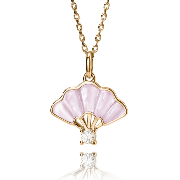 Floral Fan Necklace Gold with Pink Mother of Pearl Front View - Shen Yun Collections