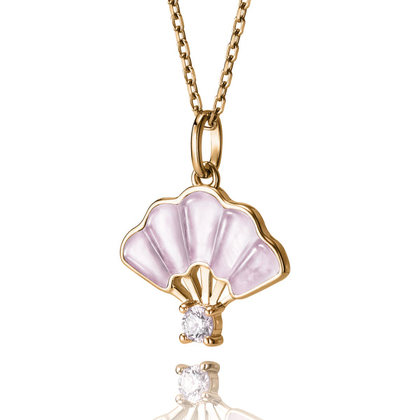 Floral Fan Necklace Gold with Pink Mother of Pearl Side View - Shen Yun Collections