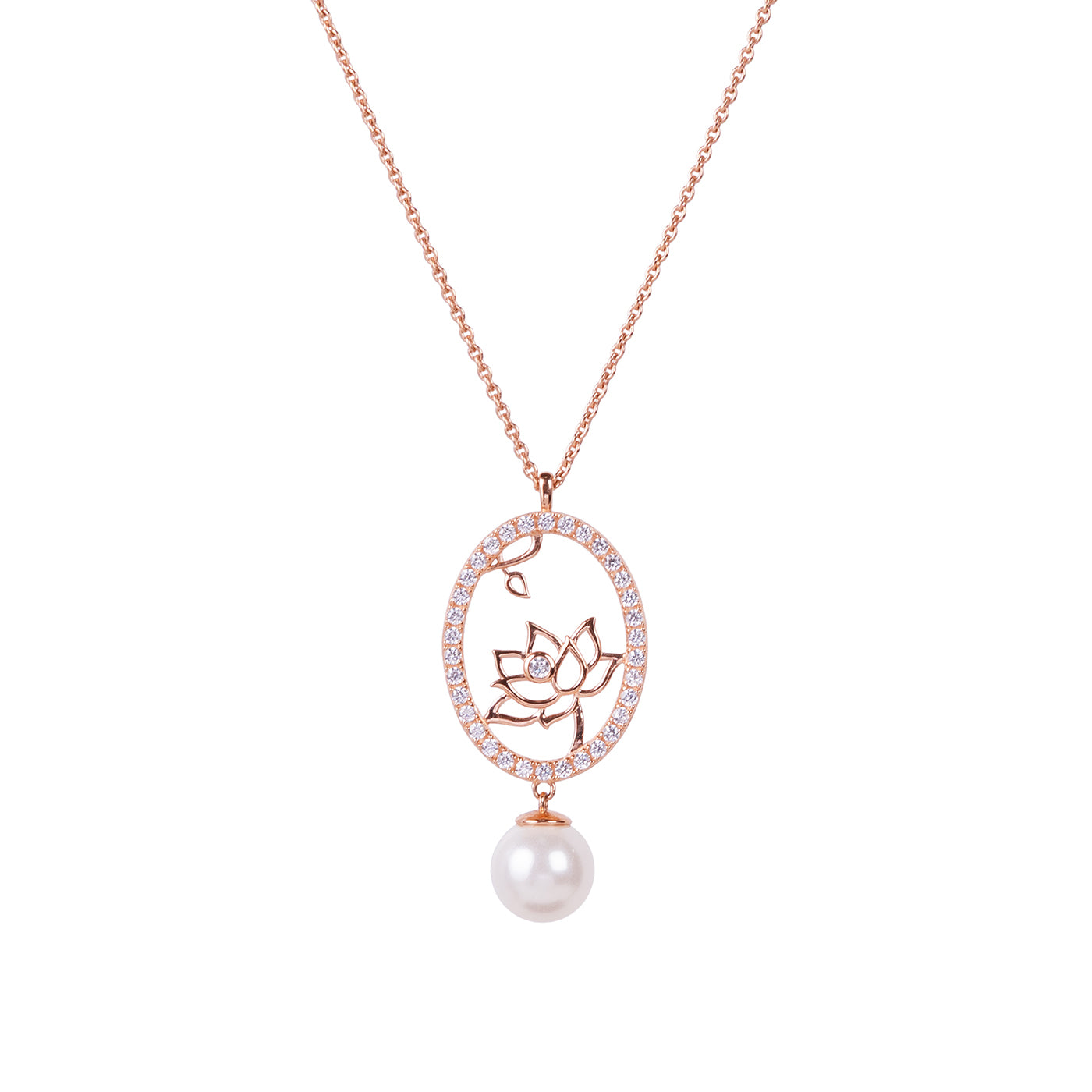 Lotus Fairies Oval Necklace Rose Gold Front View - Shen Yun Collections