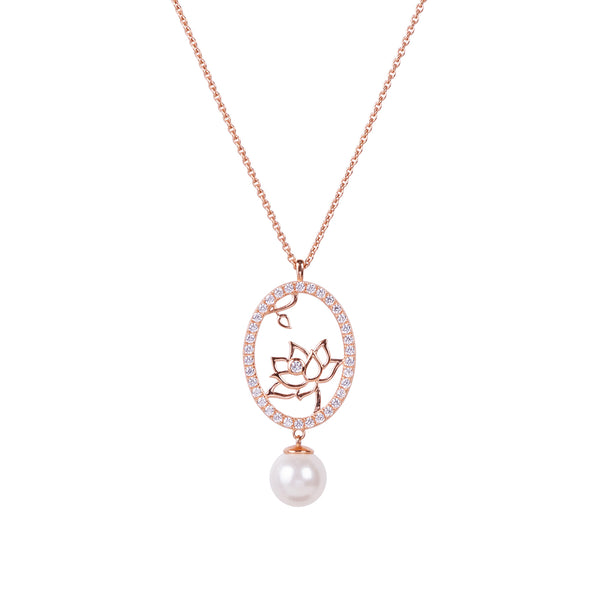 Lotus Fairies Oval Necklace Rose Gold Front View - Shen Yun Collections
