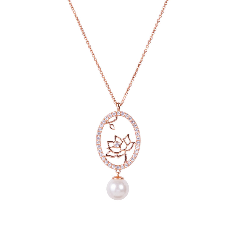 Lotus Fairies Oval Necklace Rose Gold Front View - Shen Yun Collections