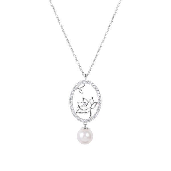 Lotus Fairies Oval Necklace Silver Front View - Shen Yun Collections