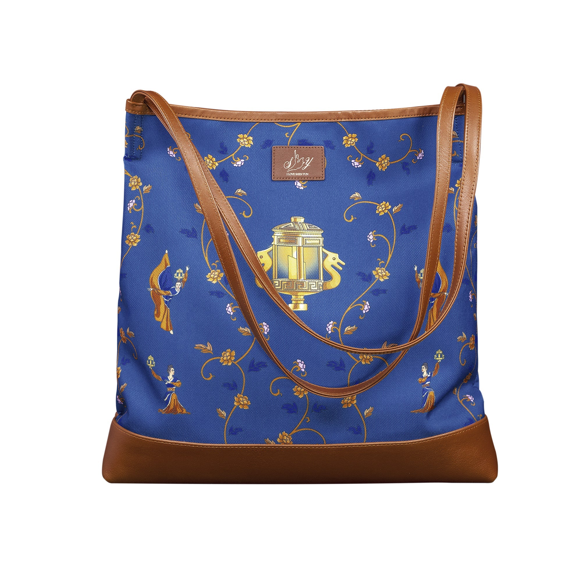 Lantern Grace Tote Bag with Leather Handle Blue Front View | Shen Yun Shop