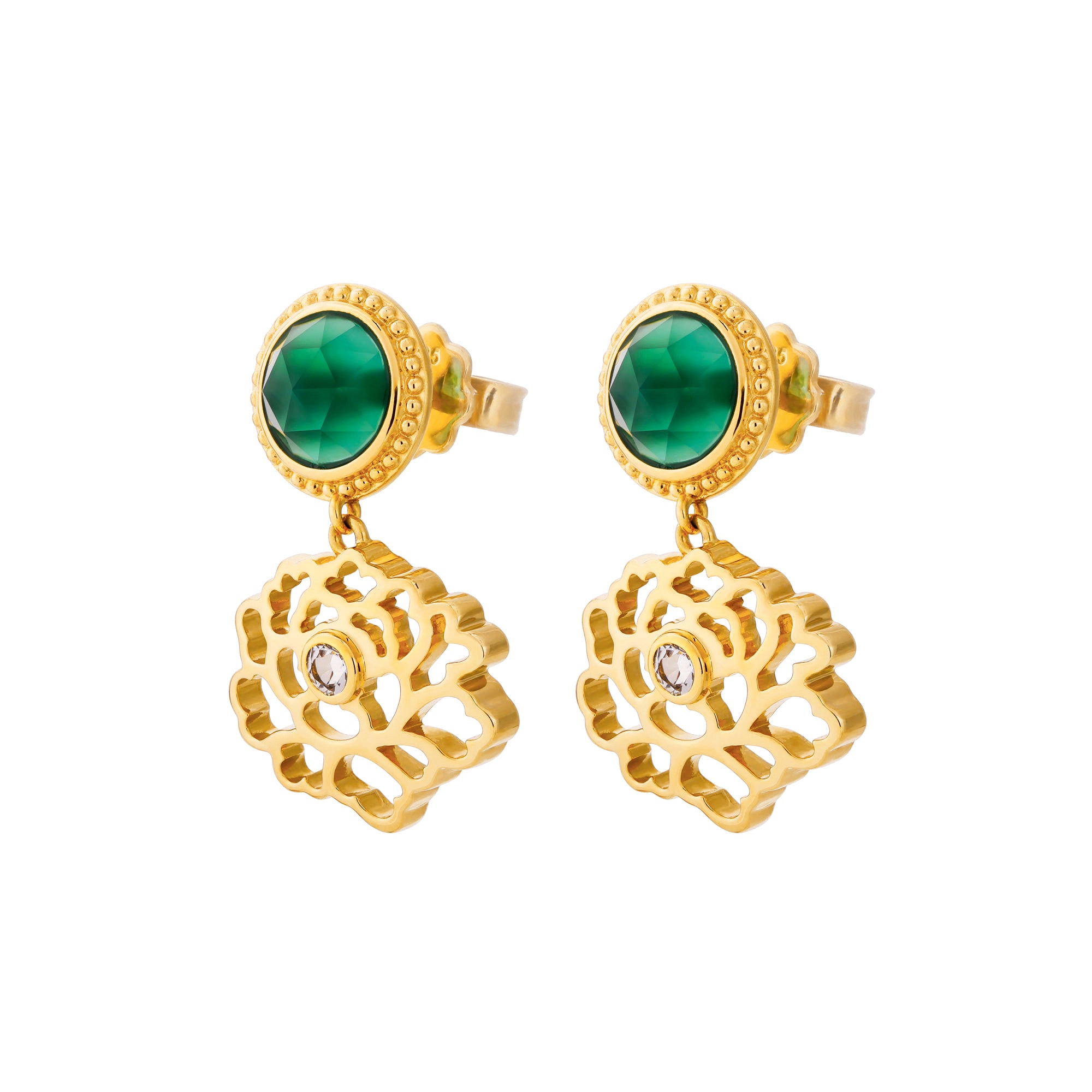 Majestic Tang Peony Earrings Gold Vermeil with Green Agate & Shen Yun