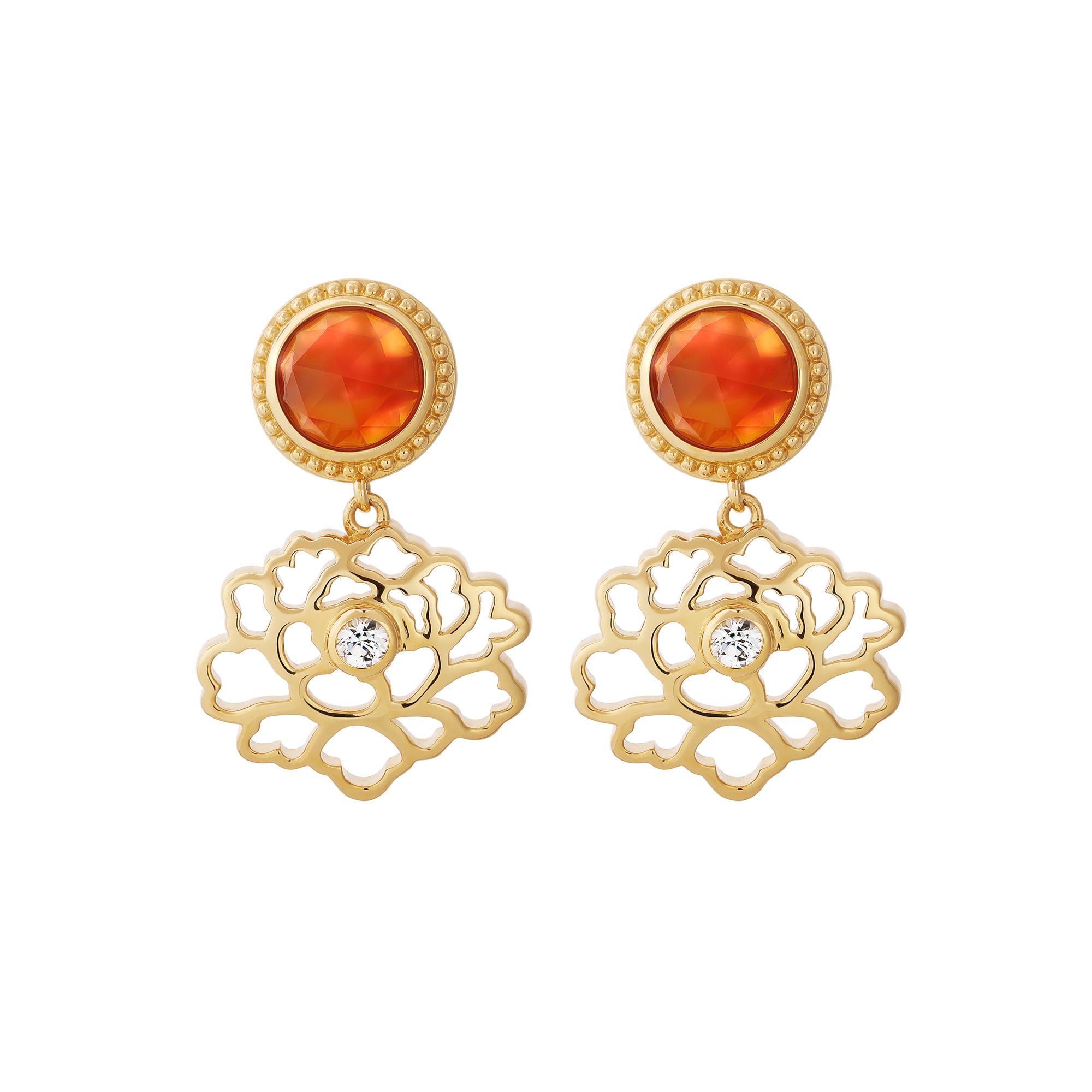 Majestic Tang Peony Earrings Gold Vermeil with Orange Carnelian | Shen Yun Collections