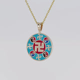 Falun Enamel Teal Pendant 18kt Yellow Gold 20mm