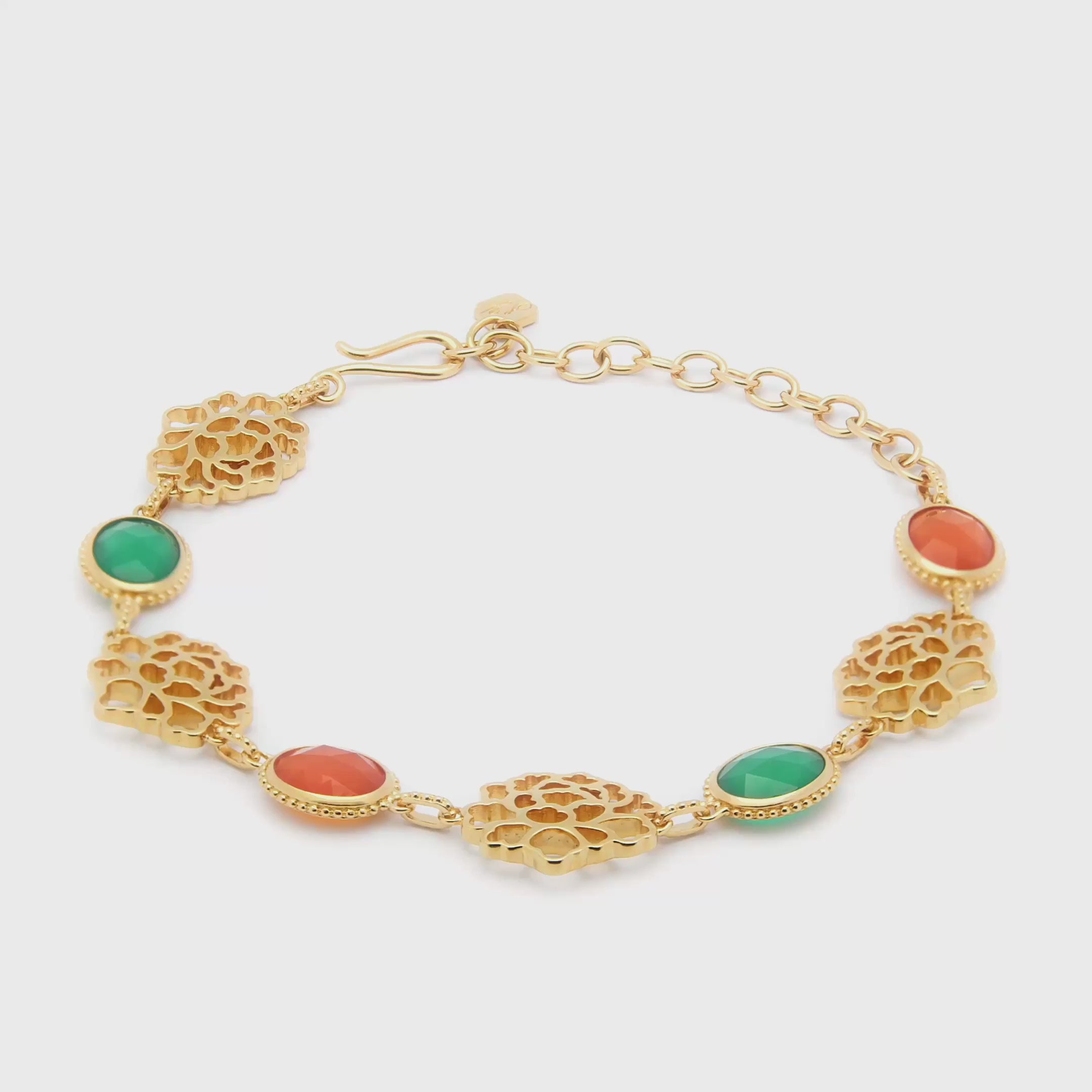 綺麗唐花花簇手鍊純銀鍍厚金橙红瑪瑙和綠玉髓| Shen Yun Collections