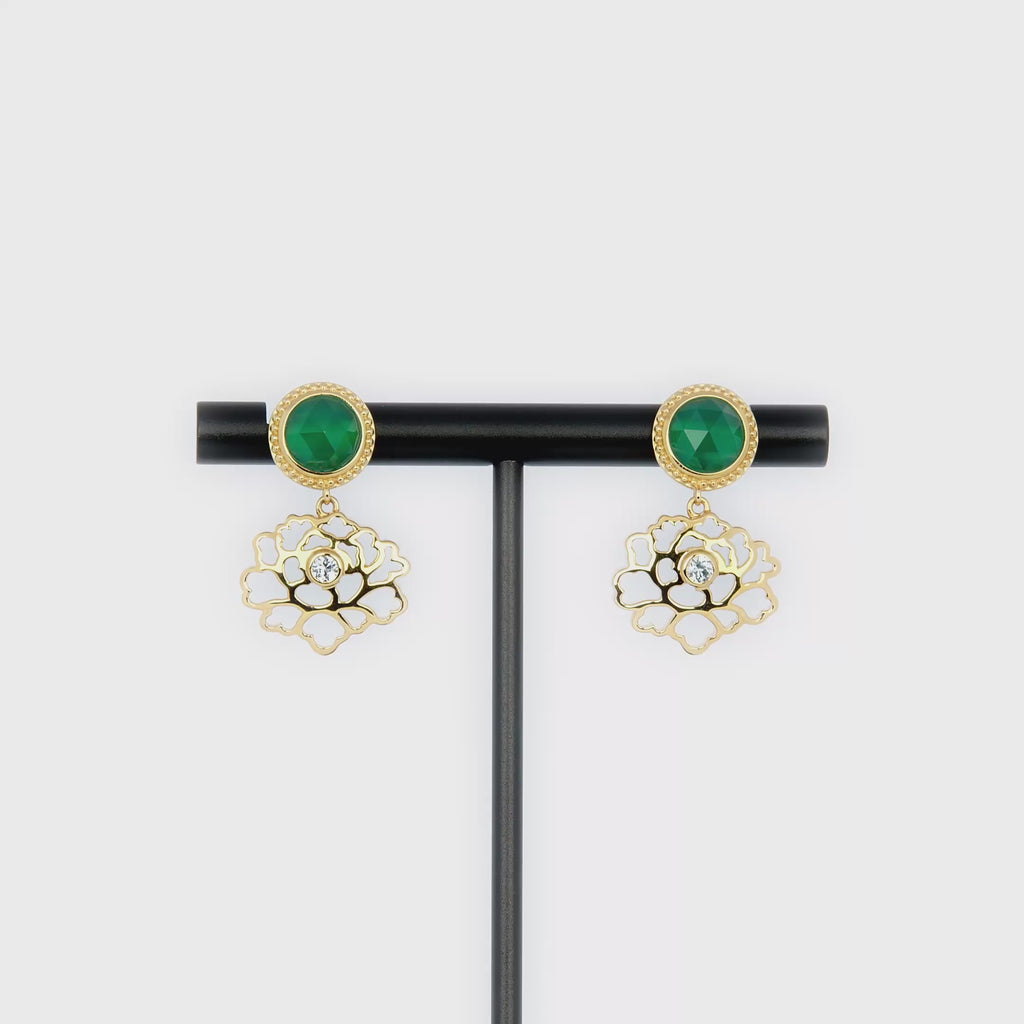 Majestic Tang Peony Earrings Gold Vermeil with Green Agate Video | Shen Yun Collections