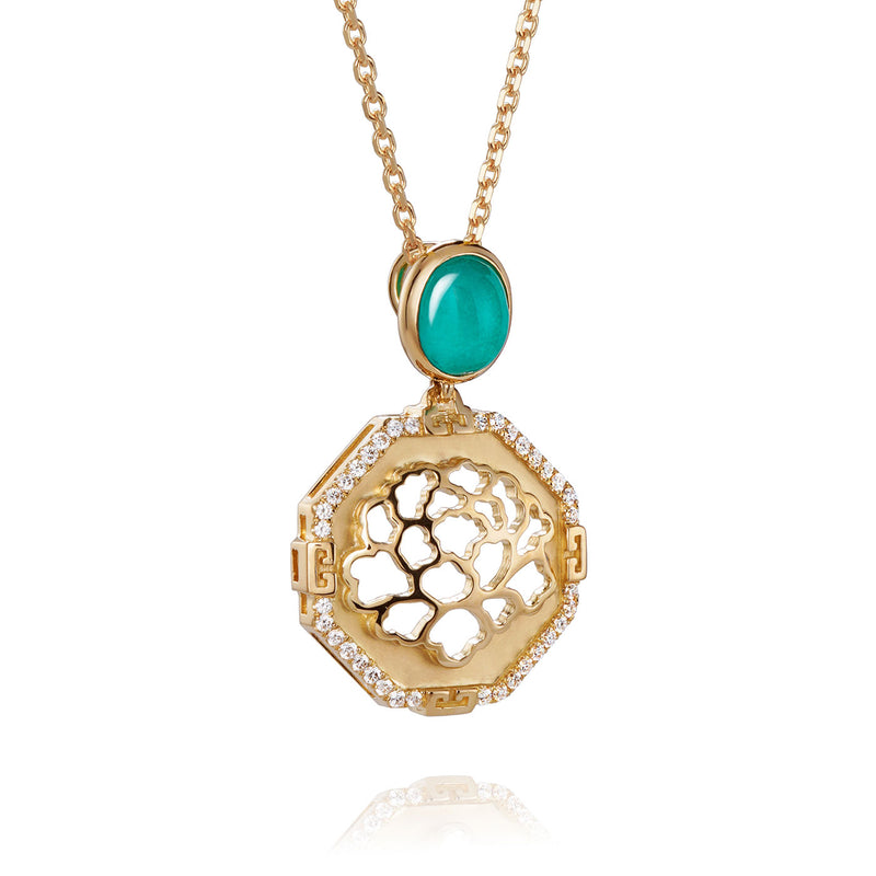 The Tang Elegance Necklace 18kt Yellow Gold with Blue Chalcedony Side View | Shen Yun Shop