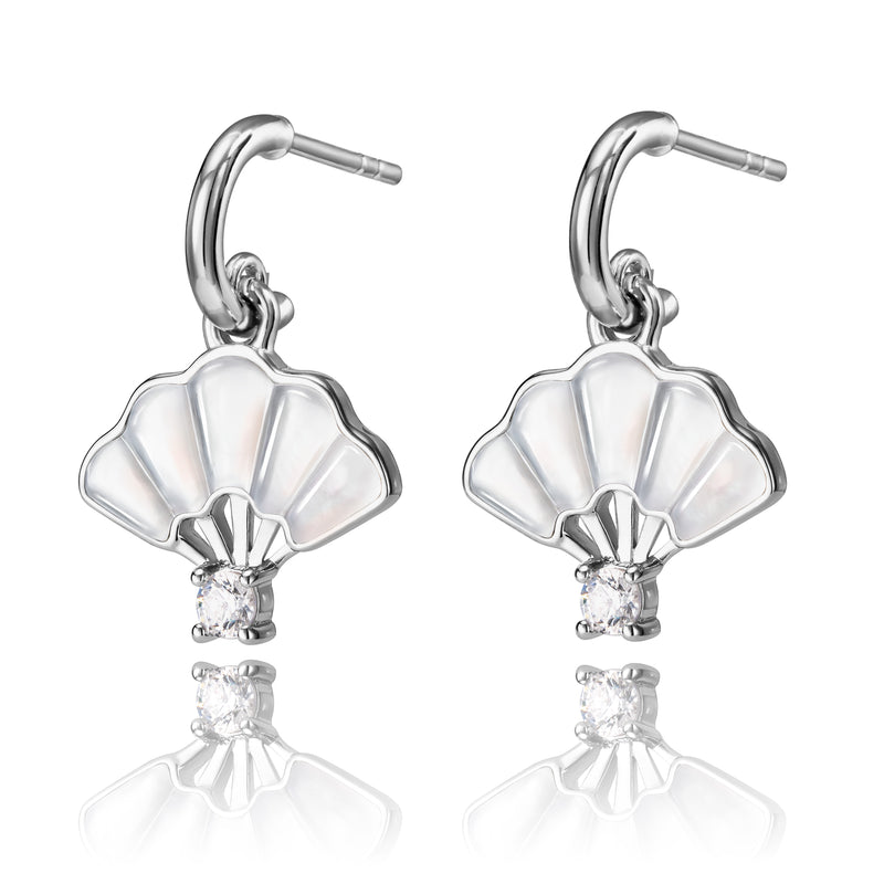 Floral Fan Dangle Earrings Silver with White Mother of Pearl Side View - Shen Yun Collections