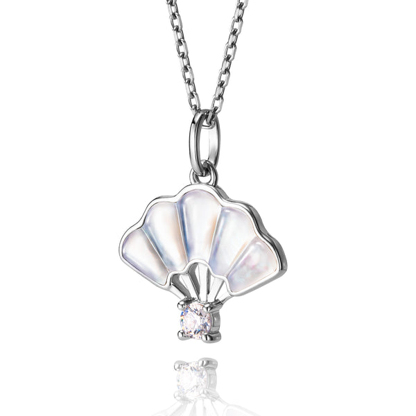 Floral Fan Necklace Silver with White Mother of Pearl Side View - Shen Yun Collections