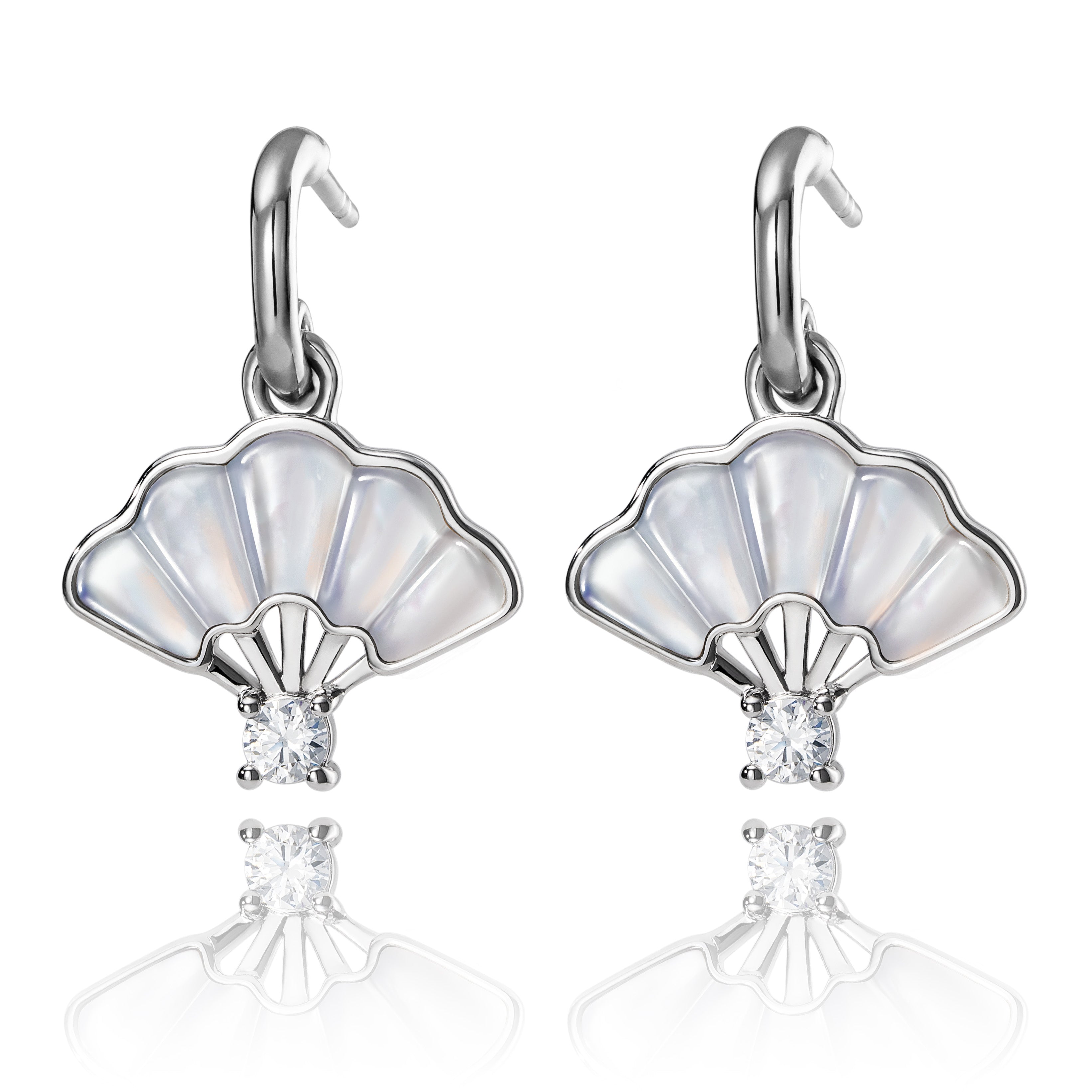 Floral Fan Dangle Earrings Silver with White Mother of Pearl Front View - Shen Yun Collections