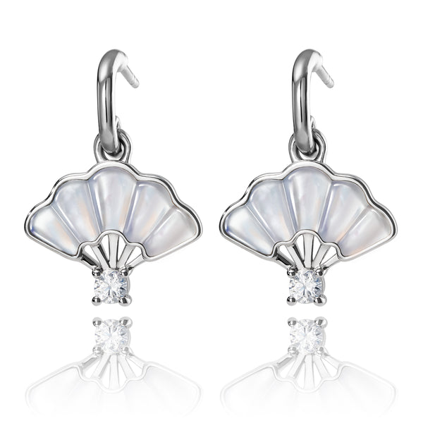 Floral Fan Dangle Earrings Silver with White Mother of Pearl Front View - Shen Yun Collections